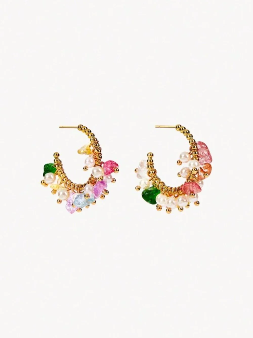 Gold Beaded Multicolor Stone & Pearl Cluster Hoop Earrings